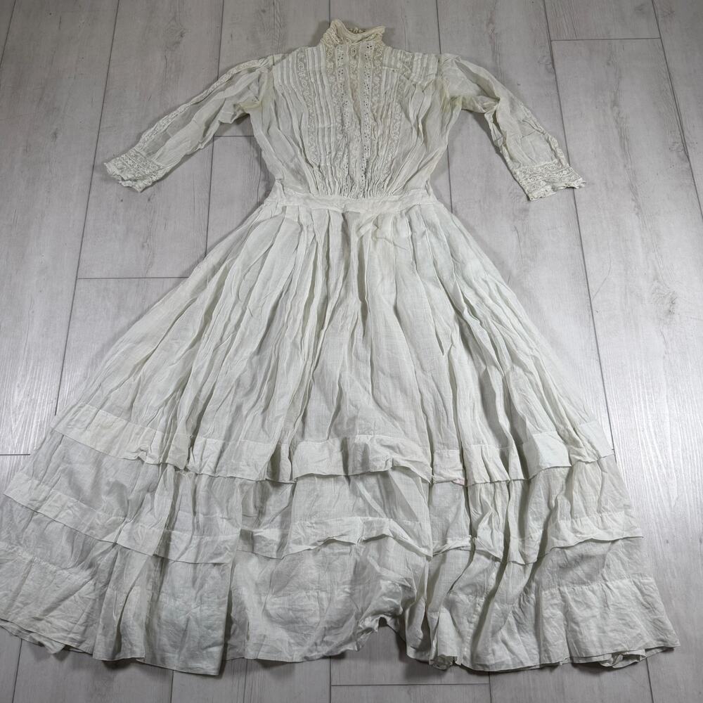 Edwardian Victorian Cotton Lawn Sheer Day Tea Dress Lace